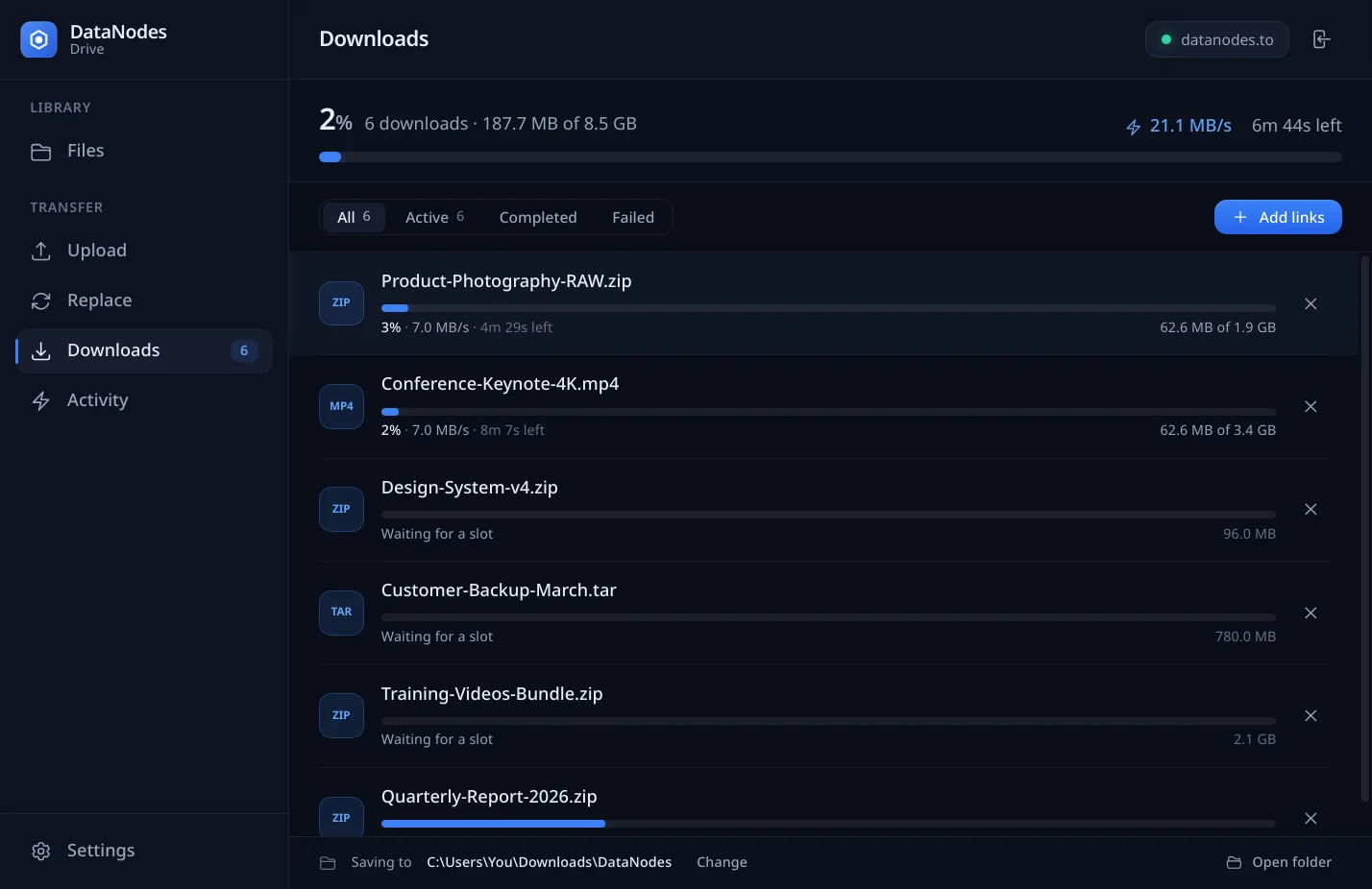 DataNodes Drive downloading six files at once with combined speed and per-file progress